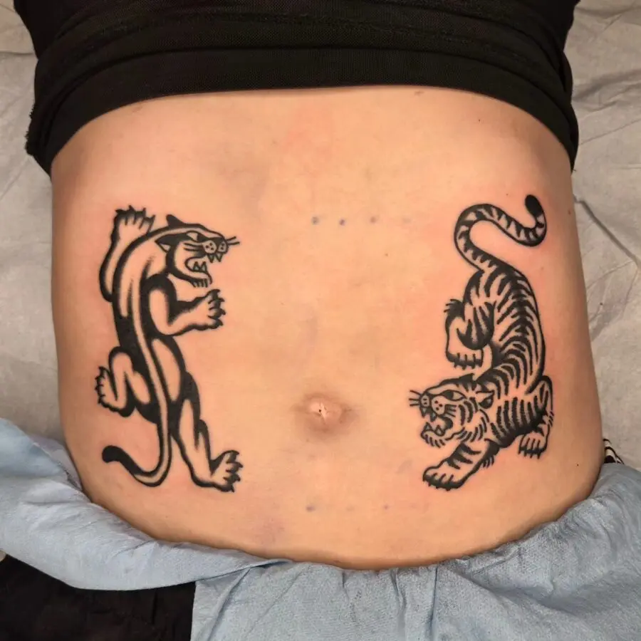 Bold Tiger and Panther Belly Tattoos