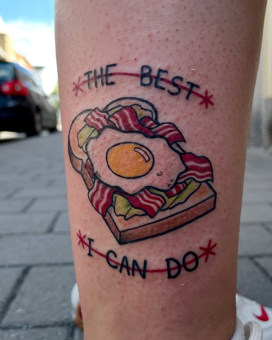Whimsical egg and bacon tattoo design idea