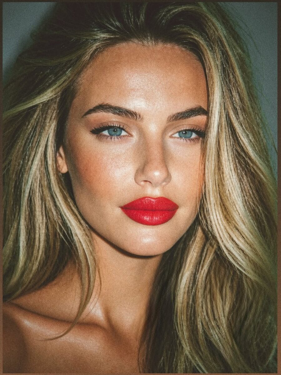 Bold red lips enhance striking blue eyes