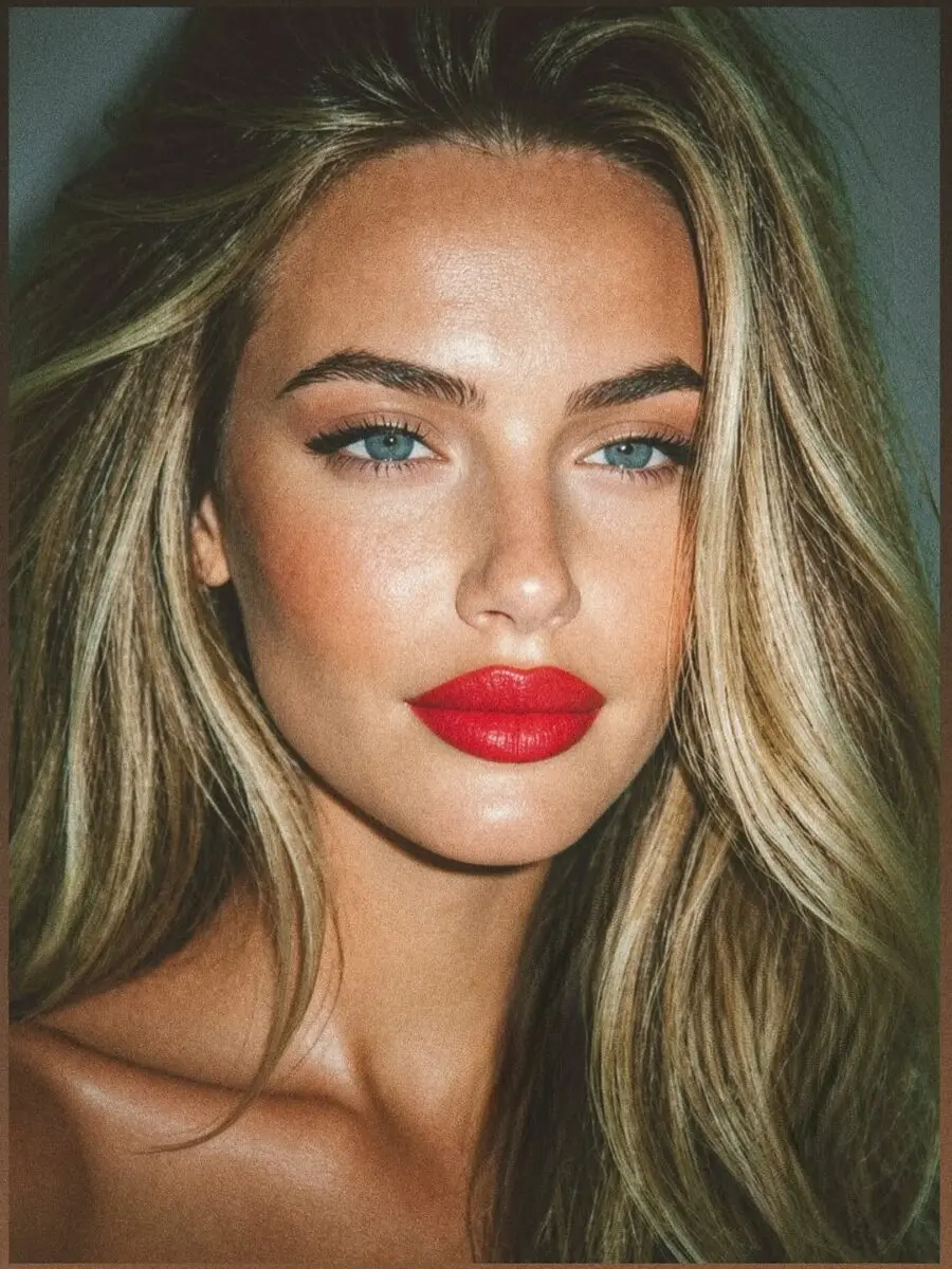 Bold red lips enhance striking blue eyes