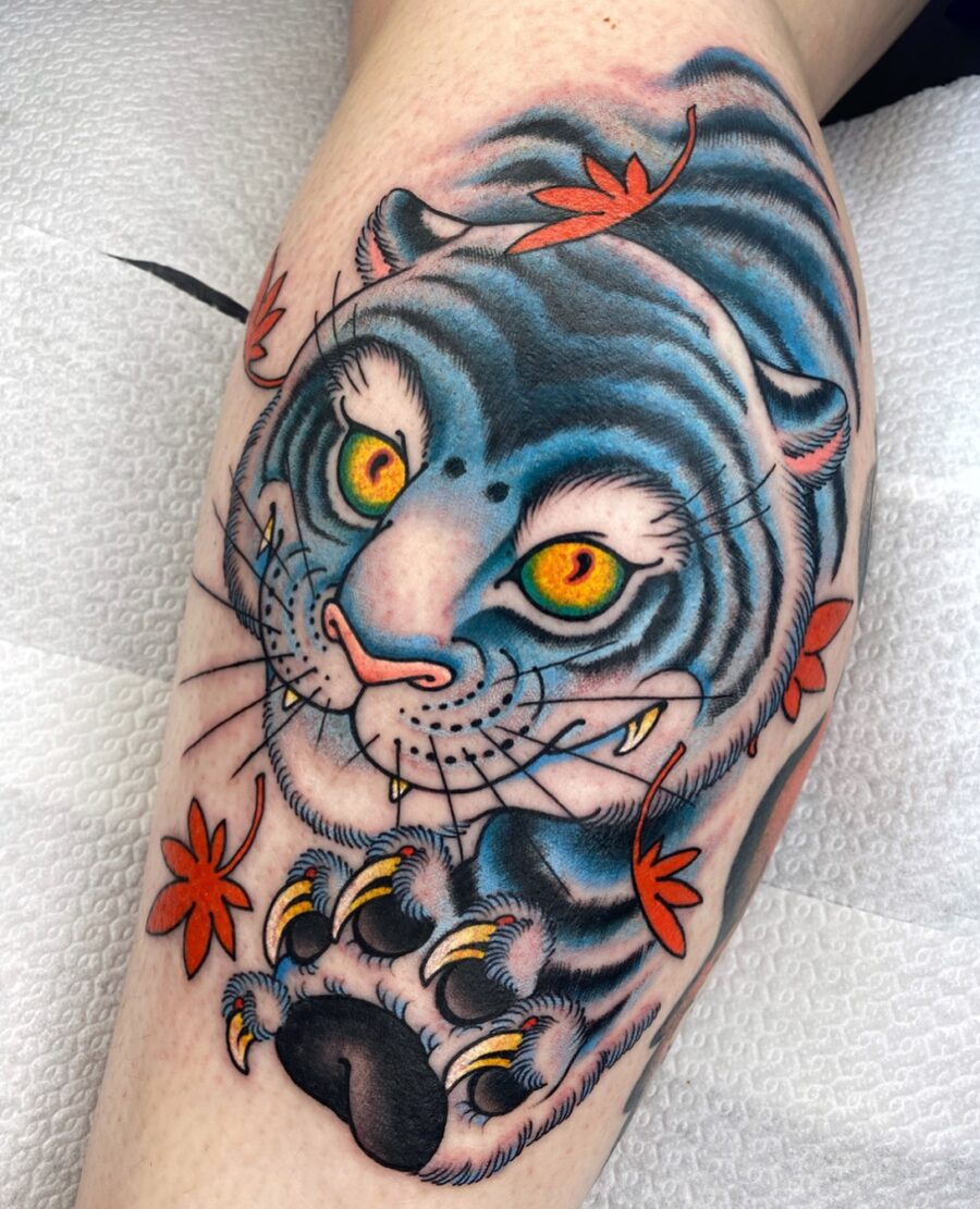 Colorful blue striped tiger tattoo design