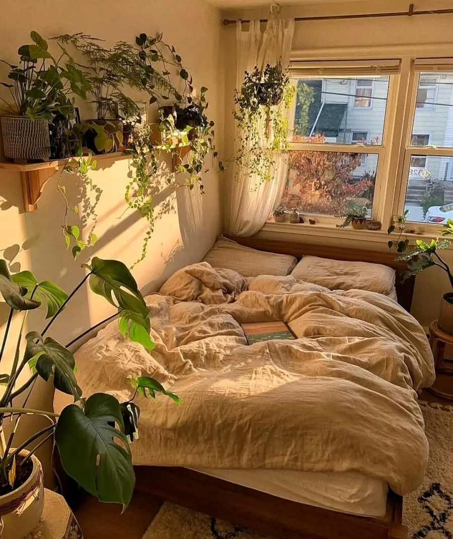 Cozy boho bedroom with natural greenery charm