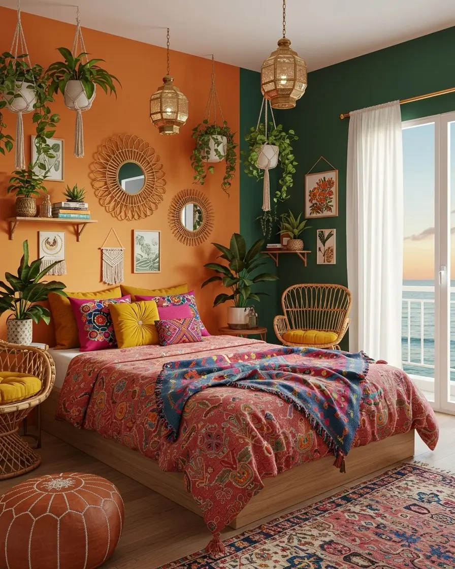 Vibrant boho bedroom with earthy tones