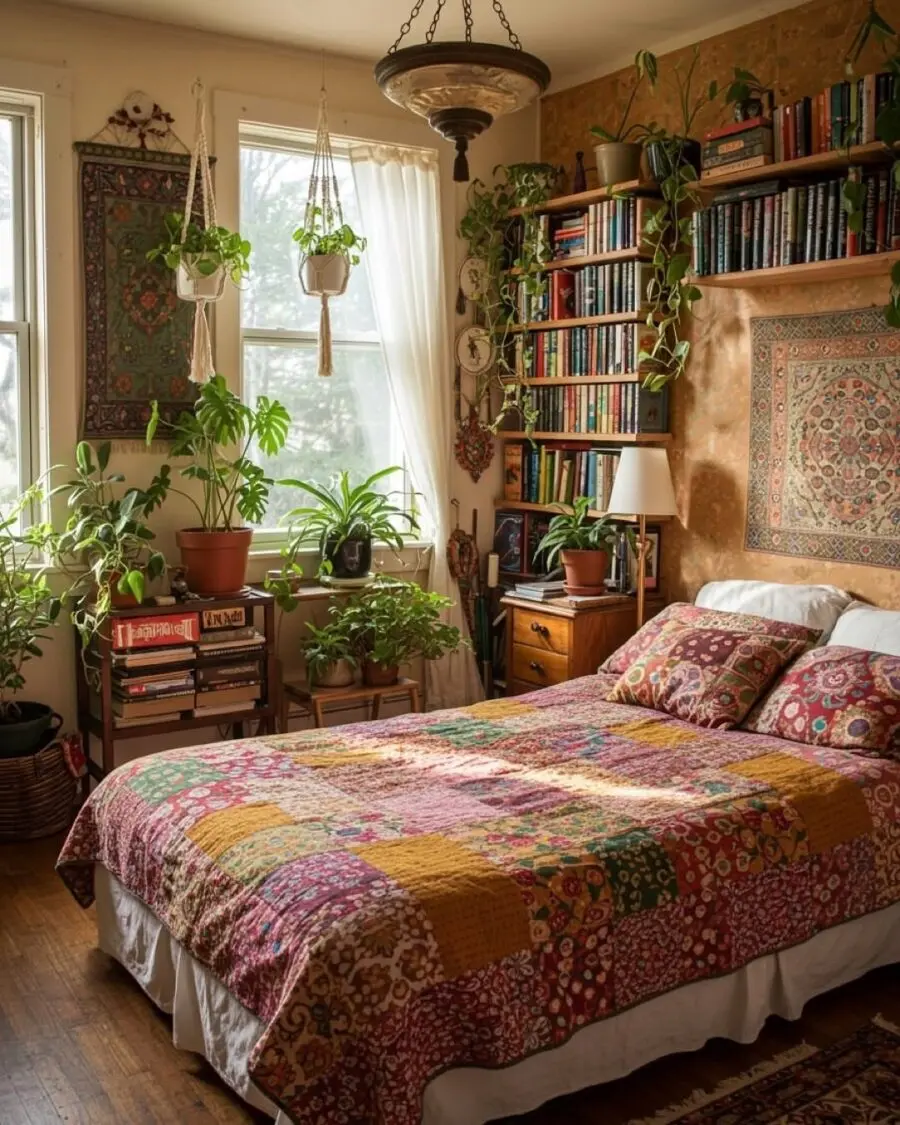 Colorful boho bedroom with abundant greenery