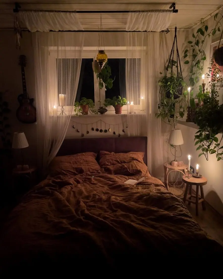 A cozy boho oasis bathed in warm light