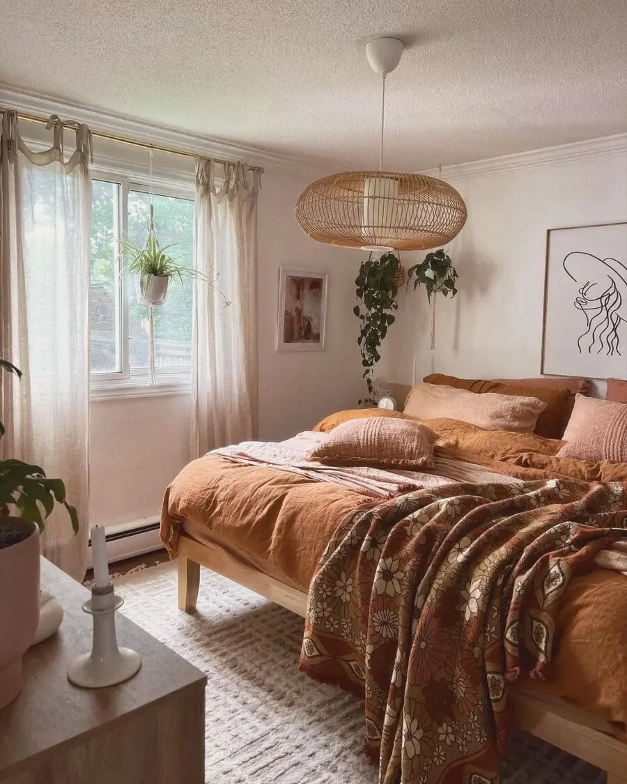 Cozy boho bedroom with earthy tones and plants