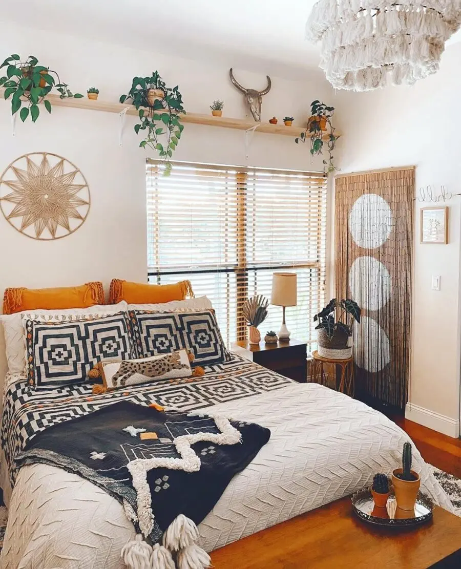 Cozy boho bedroom with lush greenery accents
