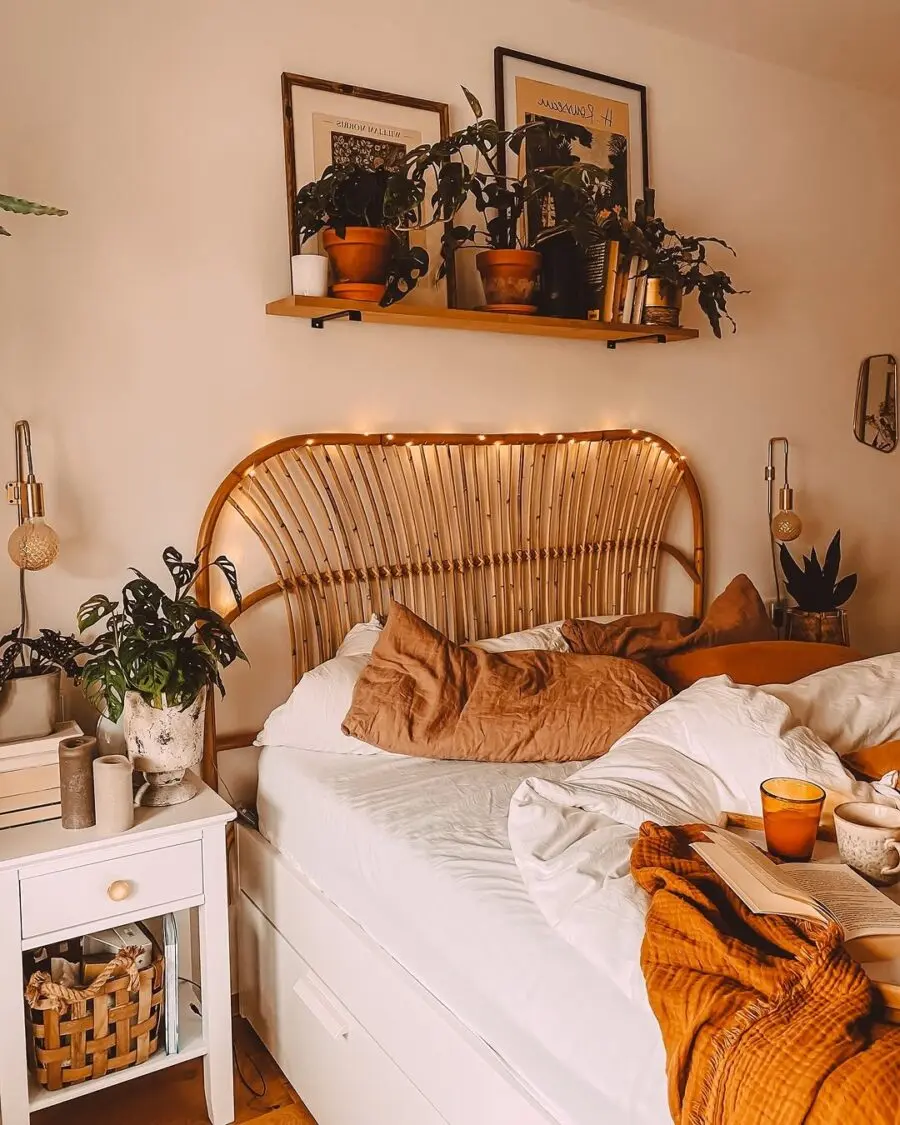 Charming boho bedroom with a rattan headboard