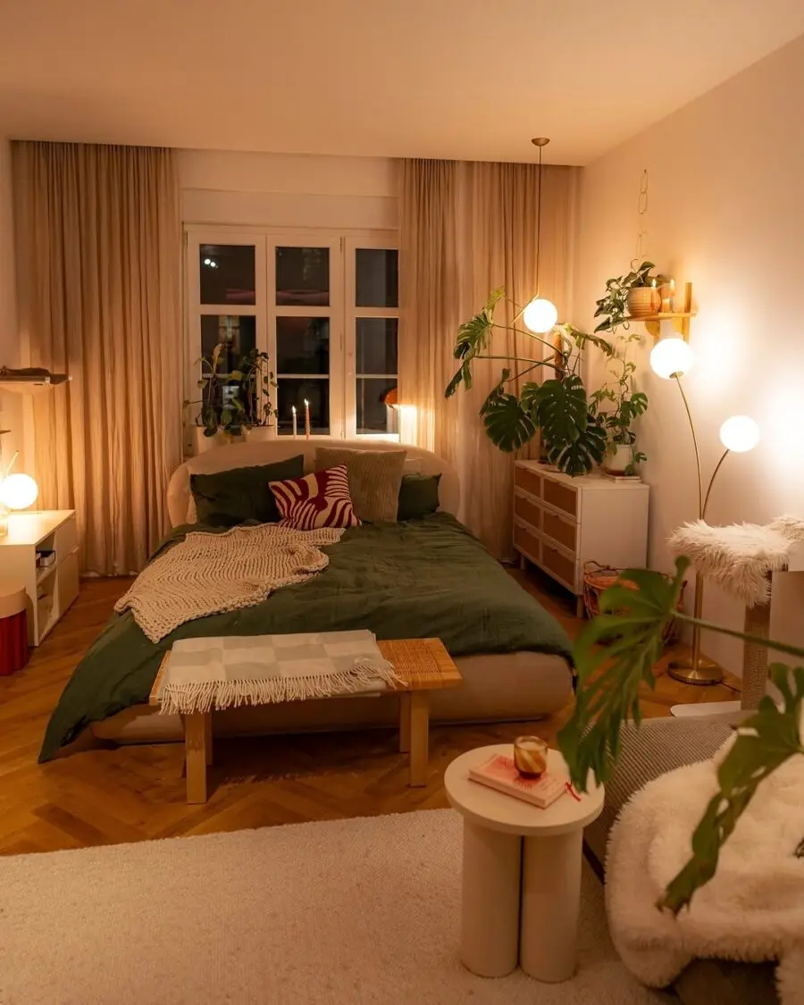 Chic boho bedroom with warm, inviting tones