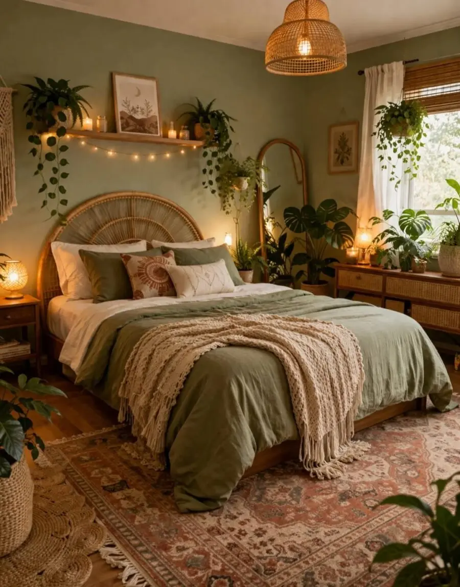 Chic boho bedroom with lush greenery and warmth