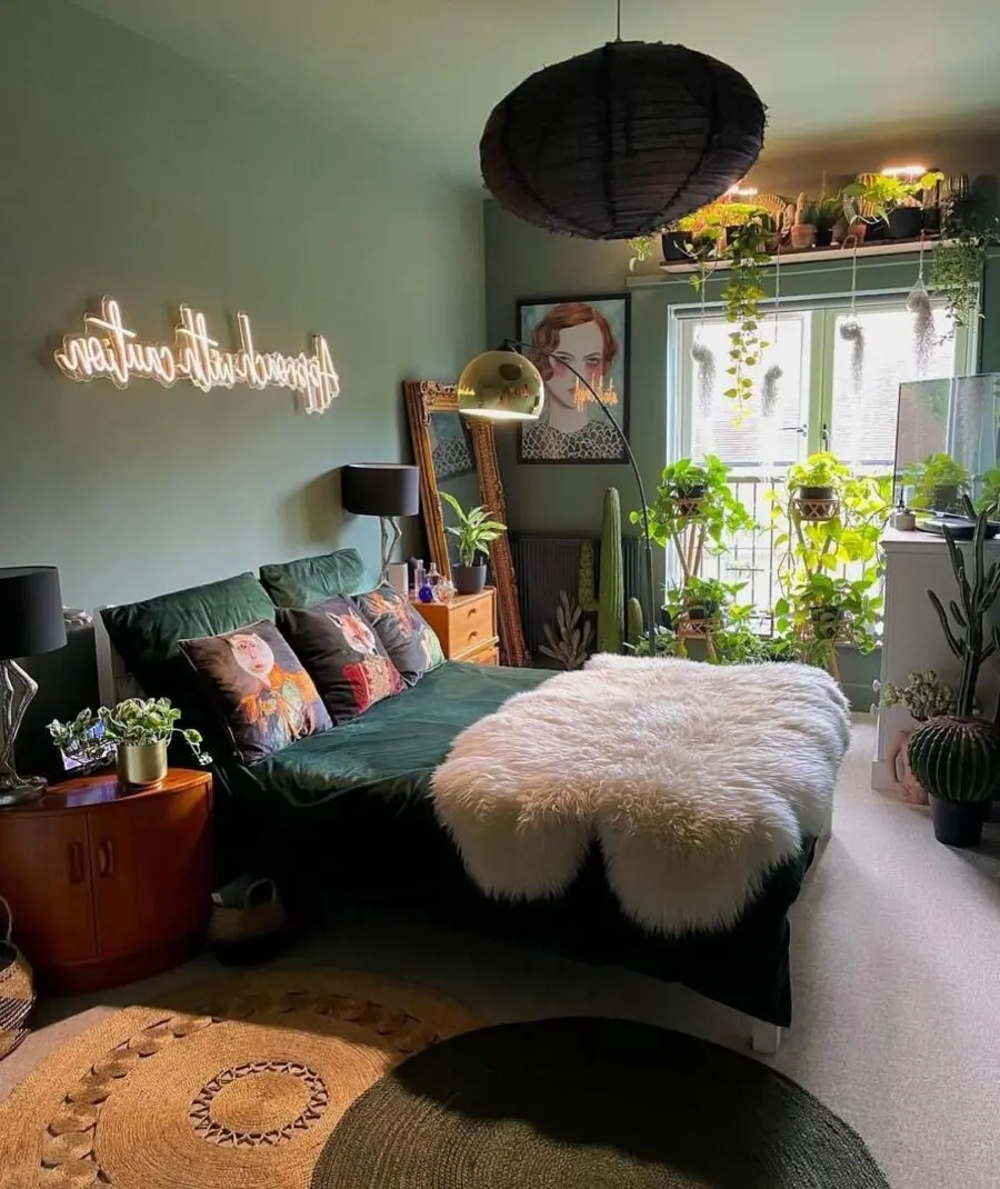 Chic bohemian bedroom with lush greenery
