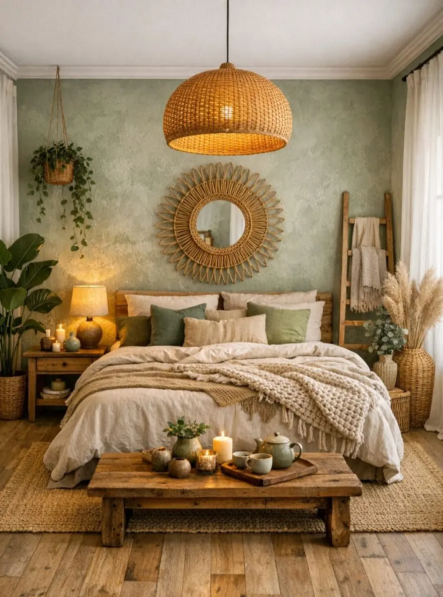 Charming boho bedroom with natural textures