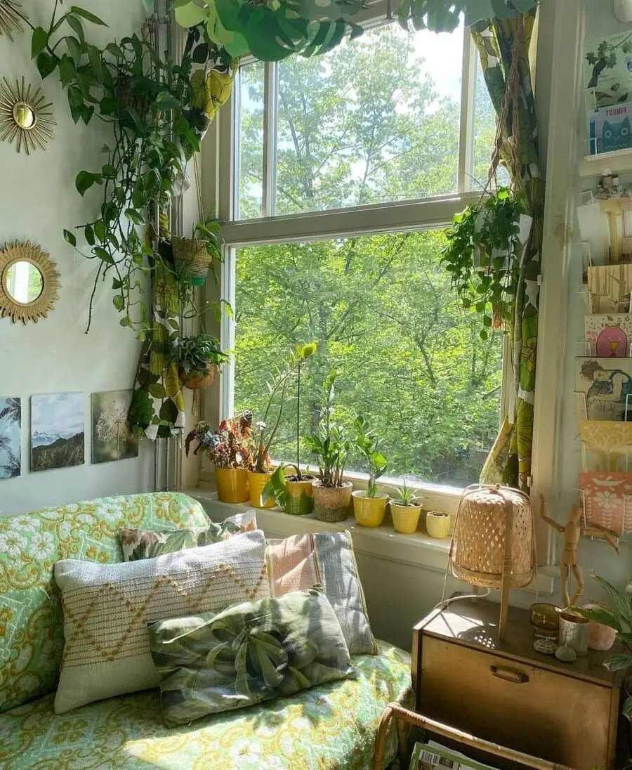 Serene boho bedroom with vibrant green accents