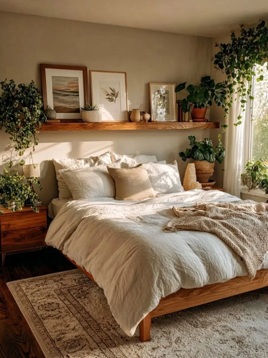 Cozy boho bedroom with abundant greenery