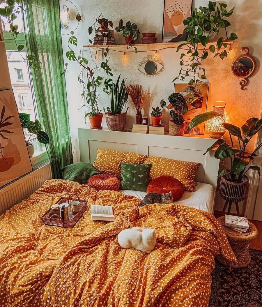 Cozy boho bedroom with warm tones and greenery