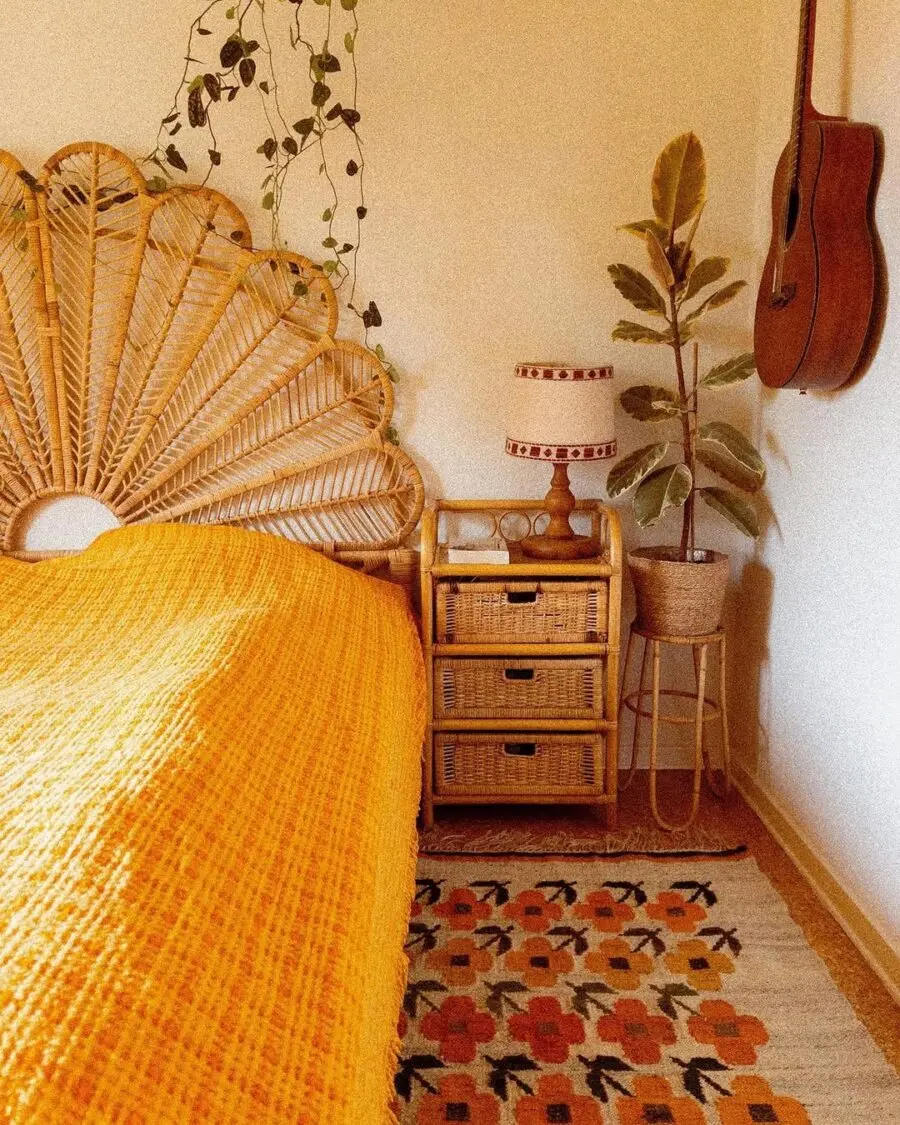 Elegant boho bedroom with rattan accents