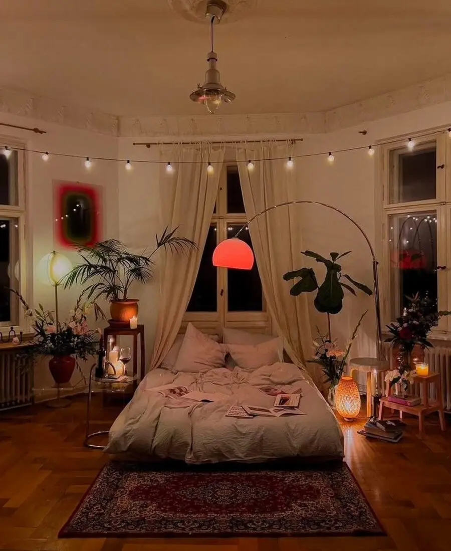 Warm, inviting boho bedroom with ambient lighting