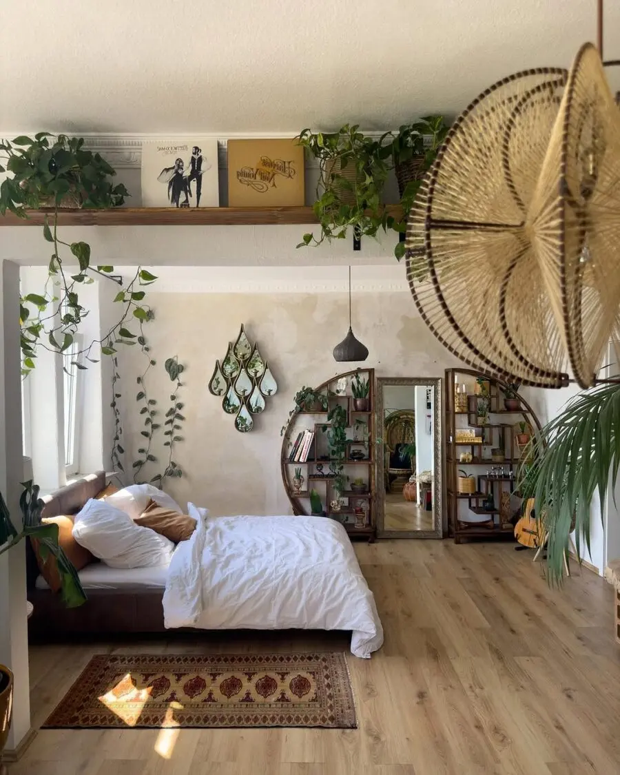 Chic boho bedroom with lush greenery accents