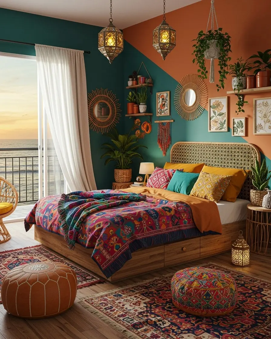 Eclectic boho style with vibrant colors and textiles