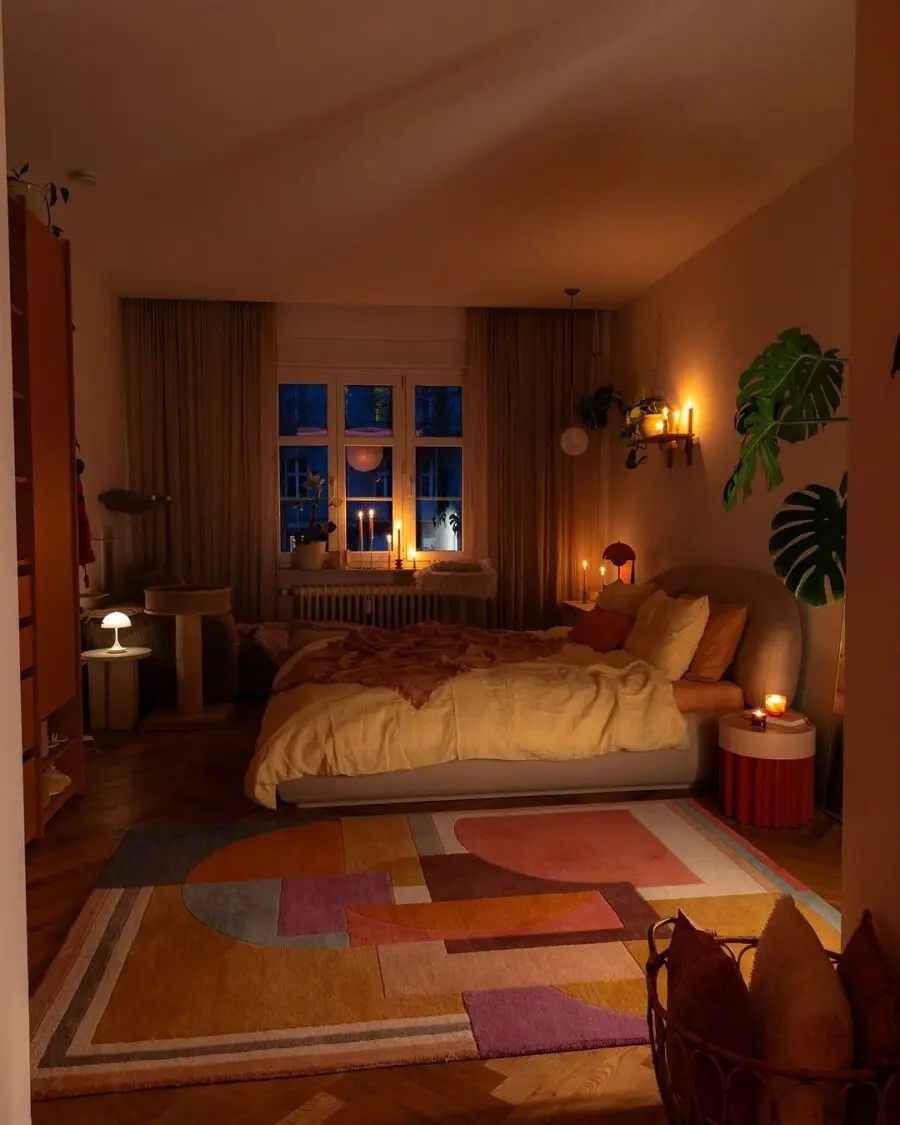 A cozy boho bedroom with warm lighting
