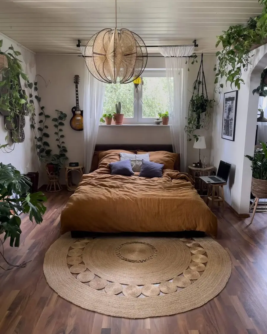 Cozy bohemian bedroom with natural elements