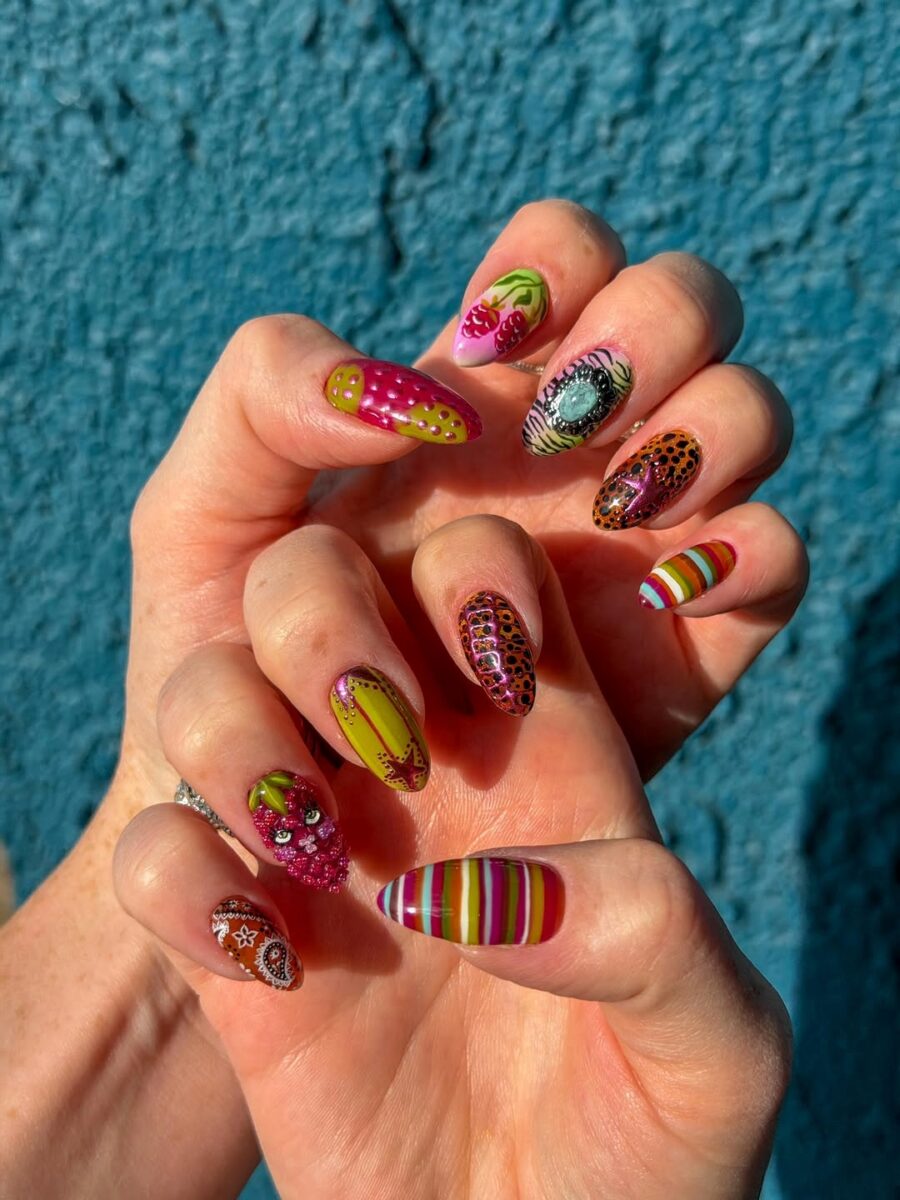 Eclectic festival nails with vibrant patterns