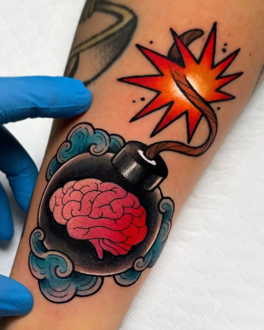 Bold brain bomb tattoo with explosive vibes