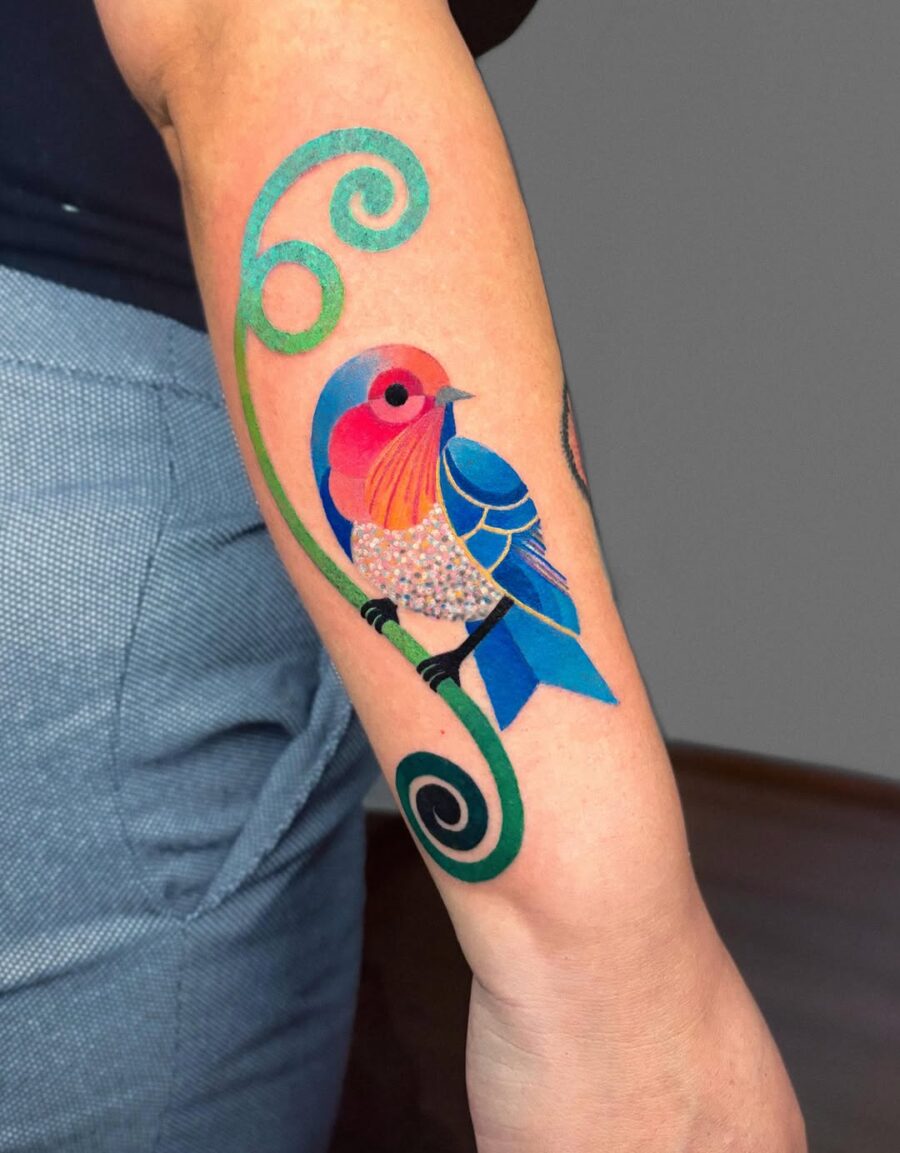 Vivid Bird Tattoo with Whimsical Swirls