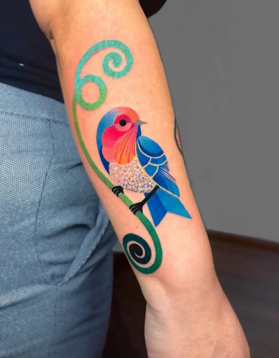 Vivid Bird Tattoo with Whimsical Swirls