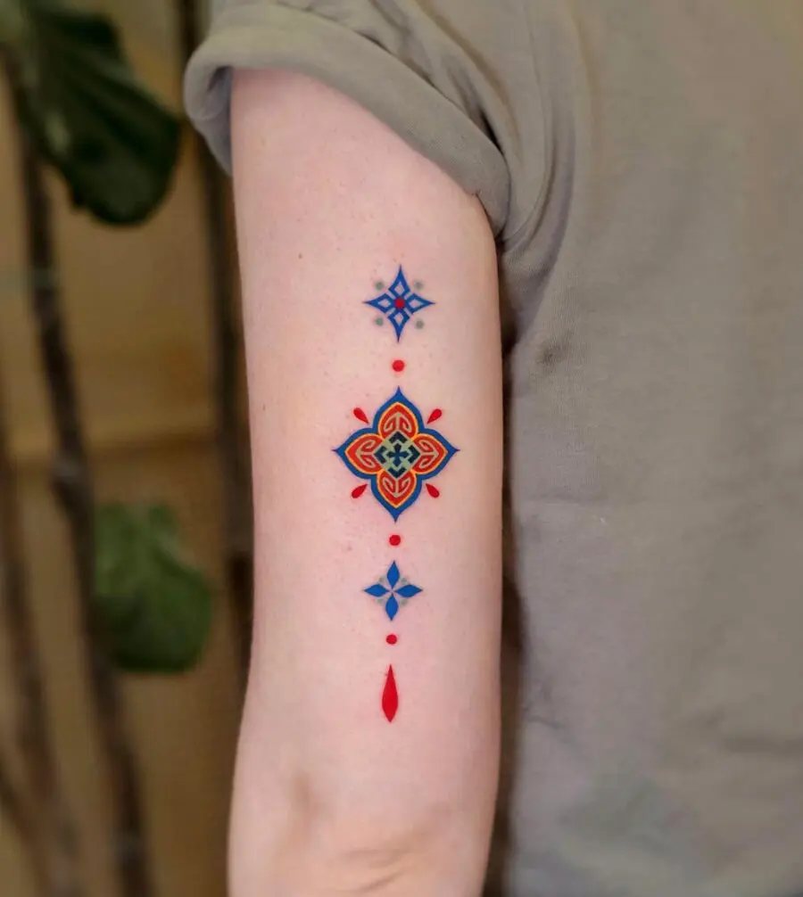 Vibrant geometric tattoo with stunning color contrasts