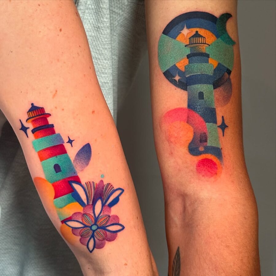 Vibrant lighthouse and floral tattoo design