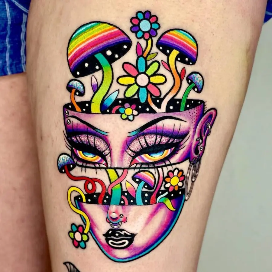Colorful tattoo featuring mushrooms and floral designs