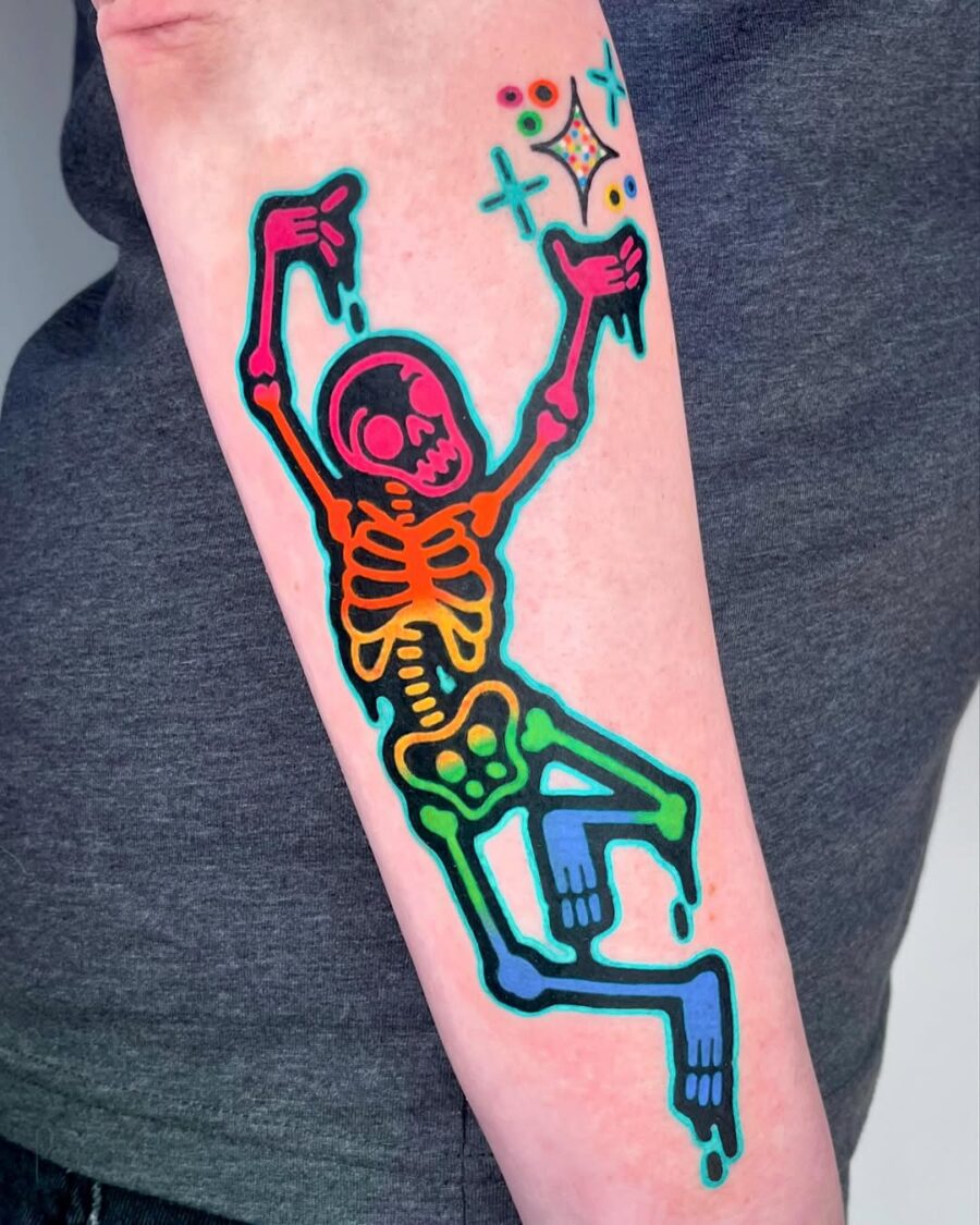 Vibrant Skeleton Dancing with Bright Colors