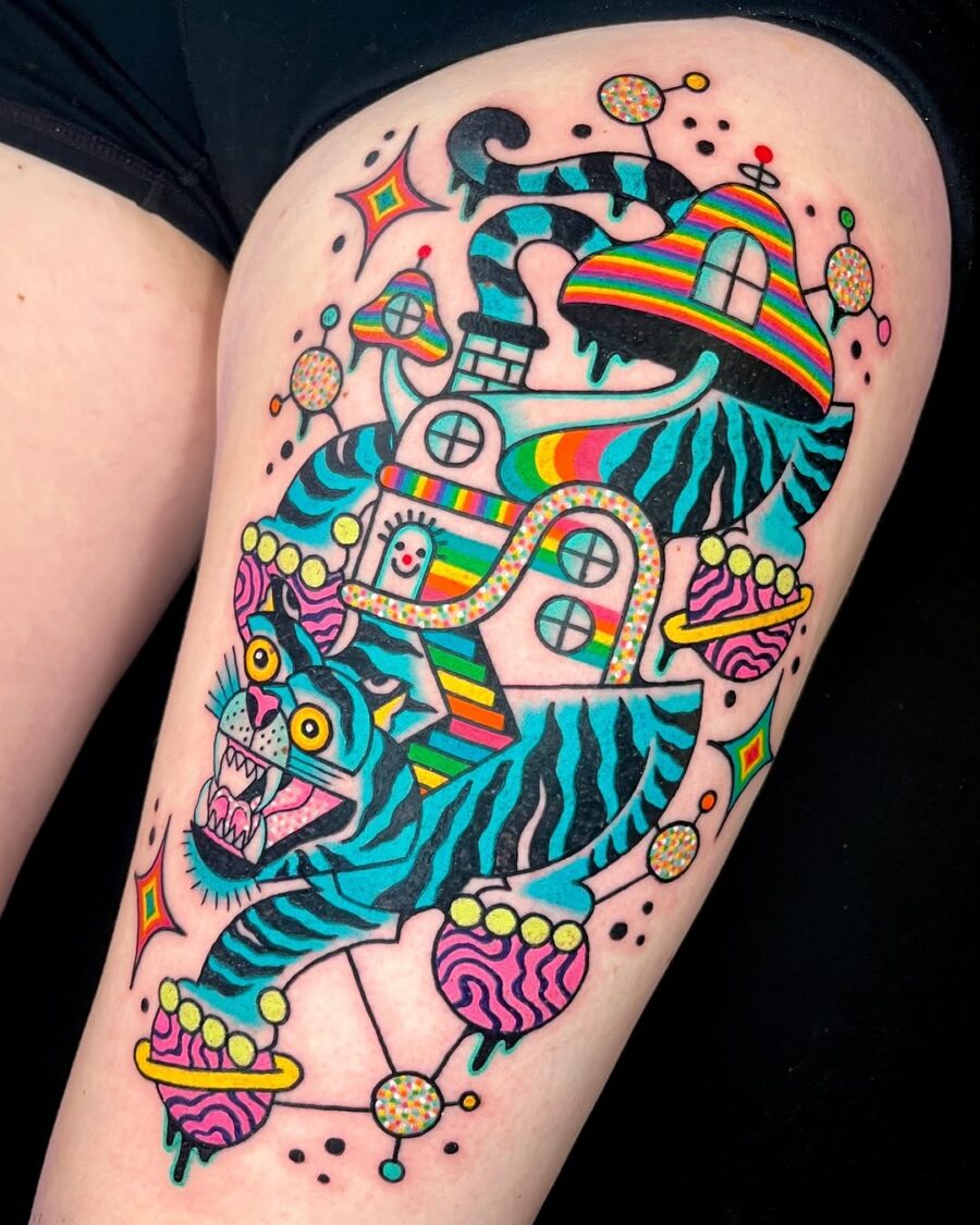 Vibrant tiger tattoo with whimsical elements