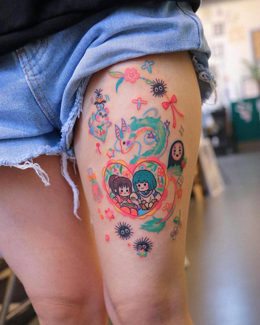 Vibrant Playful Tattoo with Whimsical Characters