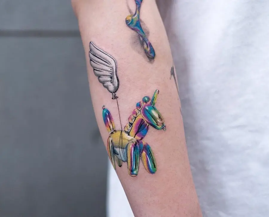 Playful unicorn with vibrant balloon and wing