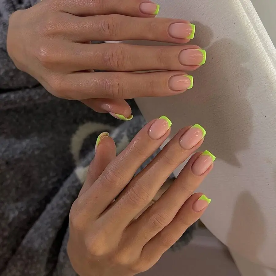 Vibrant Green French Tips with Nude Base