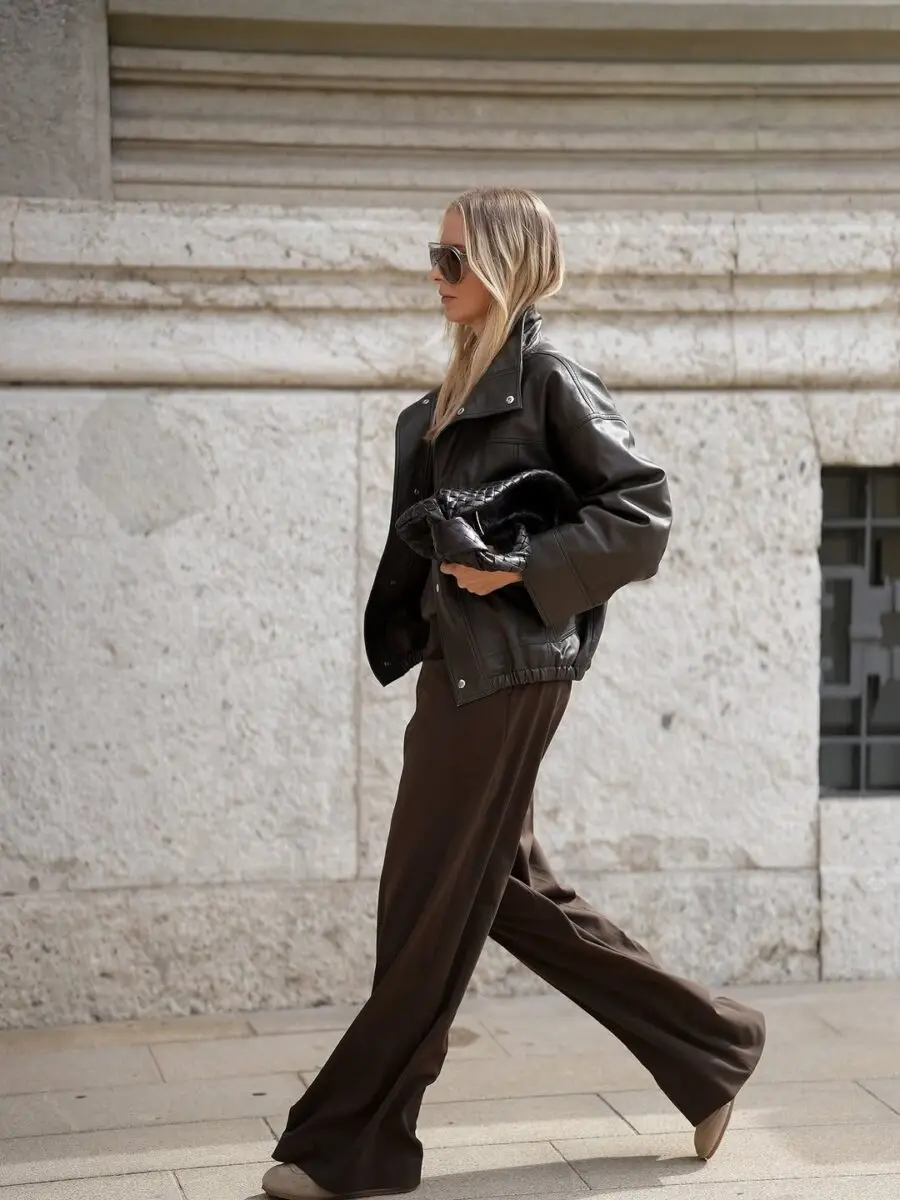 Chic Style with Brown Pants and Leather Jacket