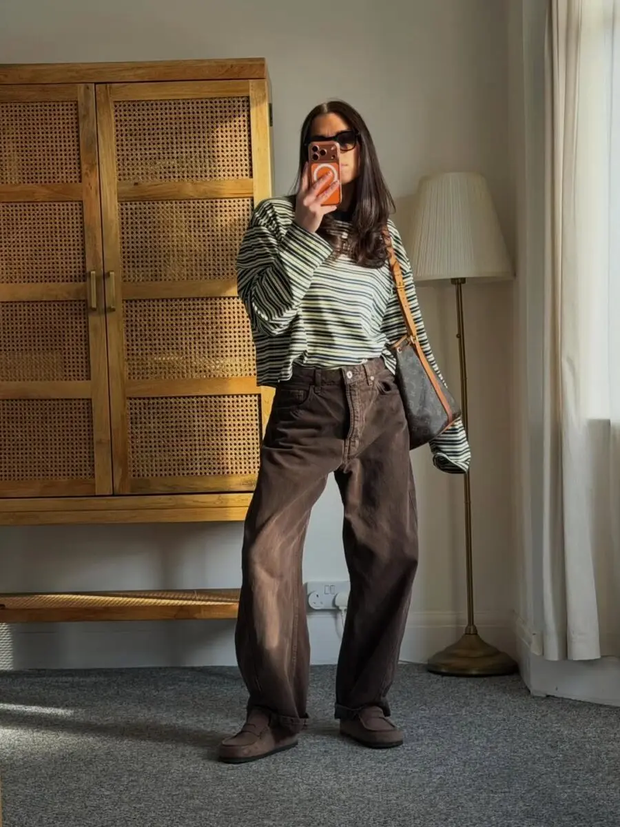 Chic Striped Top with Brown Wide-Leg Pants