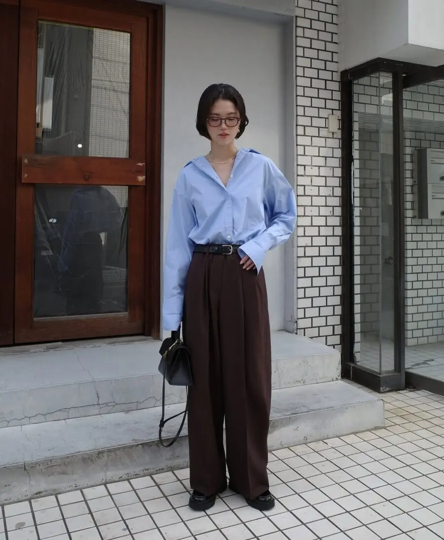 Chic Brown Pants with Light Blue Shirt Ensemble