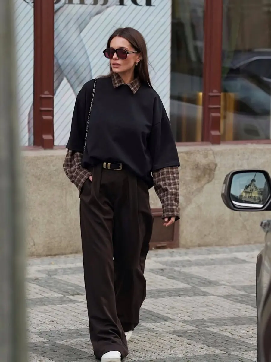 Chic layered look with brown pants