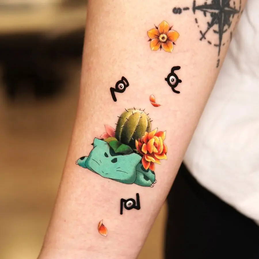Vibrant artwork featuring a Bulbasaur tattoo