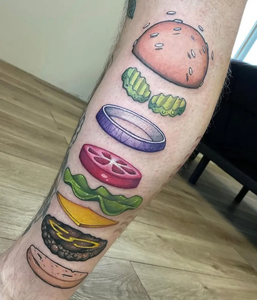 Colorful Burger Tattoo with Layered Ingredients