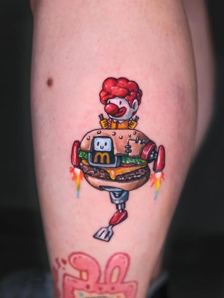 Whimsical robot clown burger tattoo design