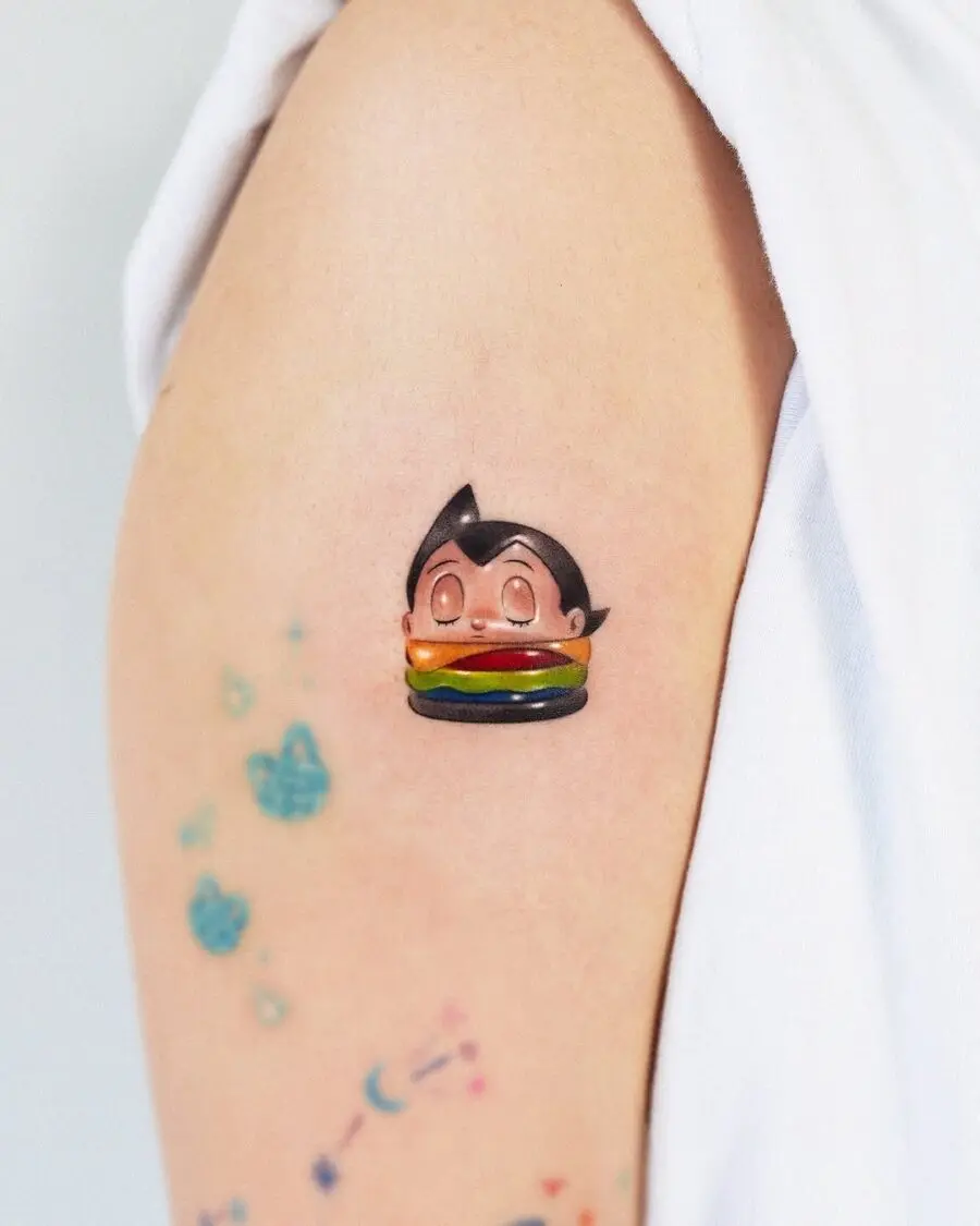 Cute character with a burger tattoo