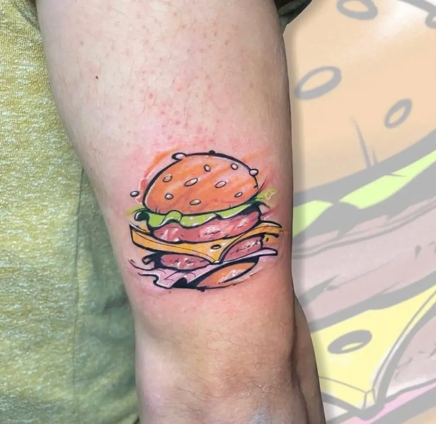 Vibrant burger tattoo showcasing delicious layers
