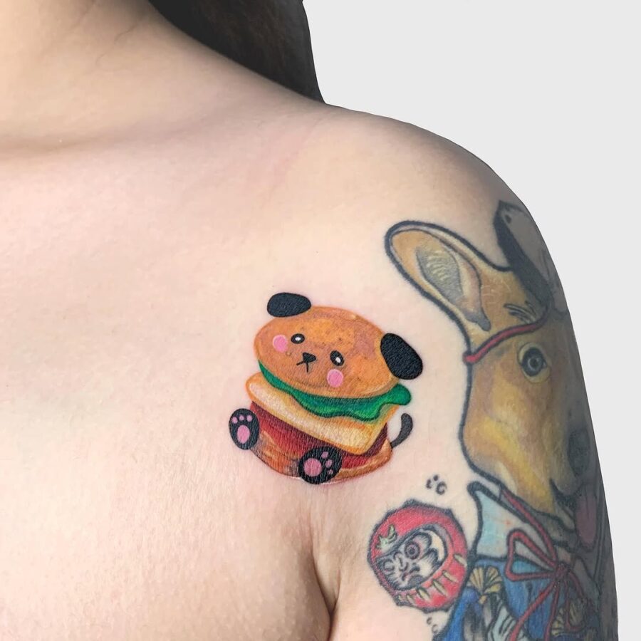 Adorable burger tattoo with puppy features