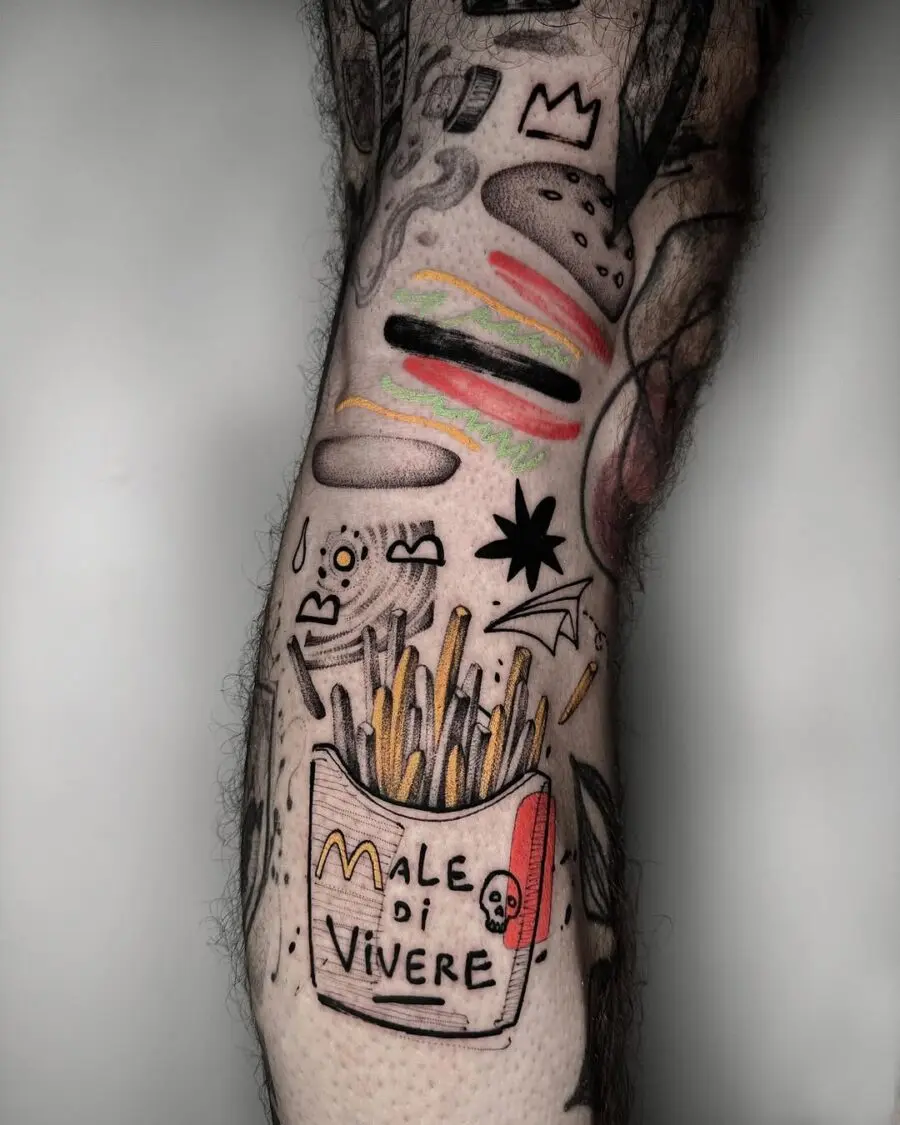 Colorful burger tattoo with artistic fries design