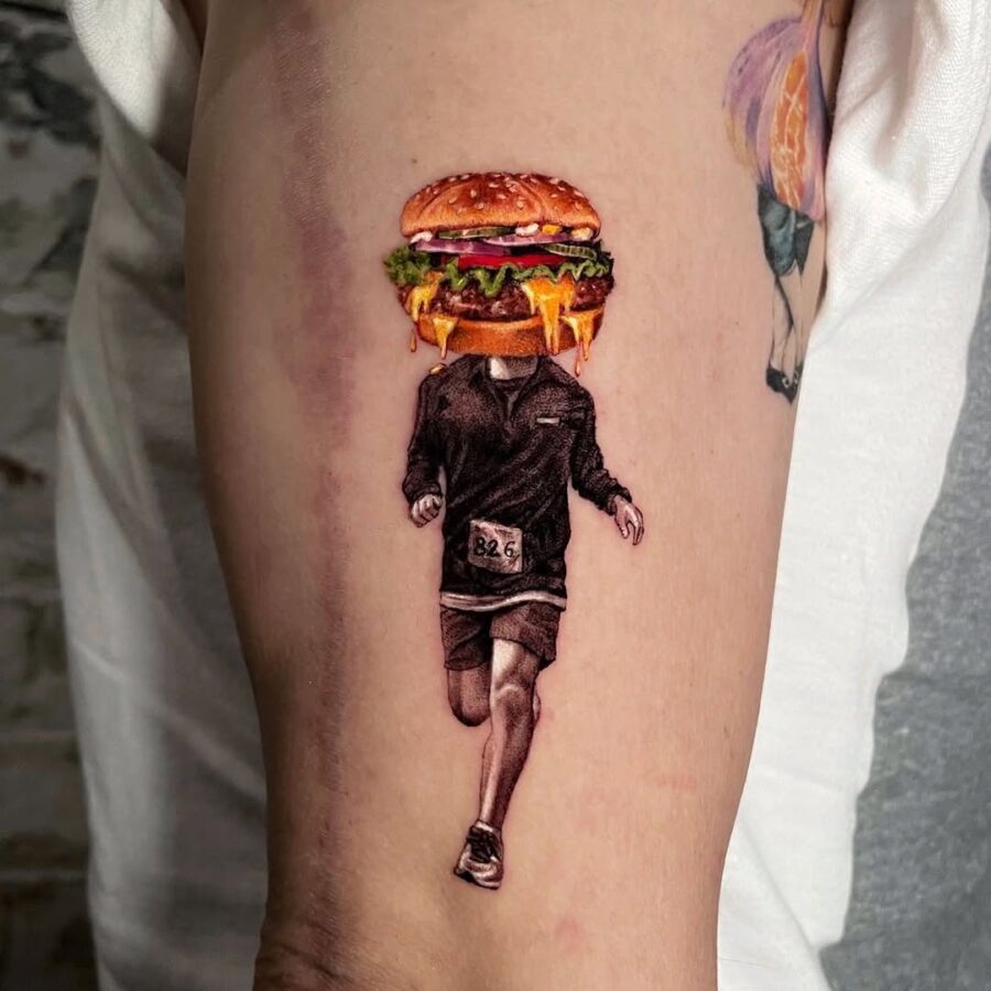 Unique burger-themed runner tattoo concept