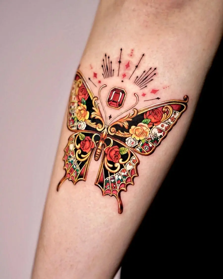 Vibrant butterfly tattoo with floral accents
